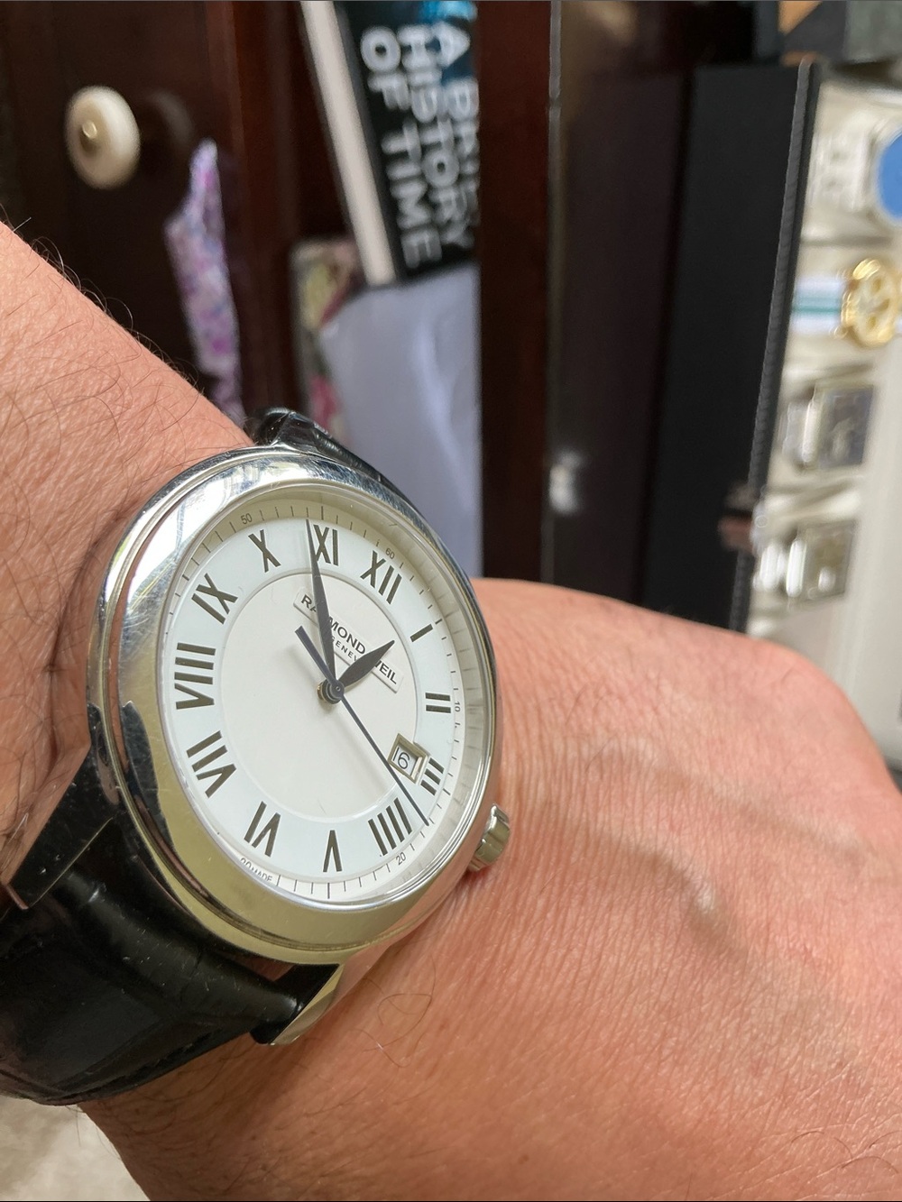 Raymond Weil Silver Case White Dial Watch with Black Leather Strap - Picture 8 of 8